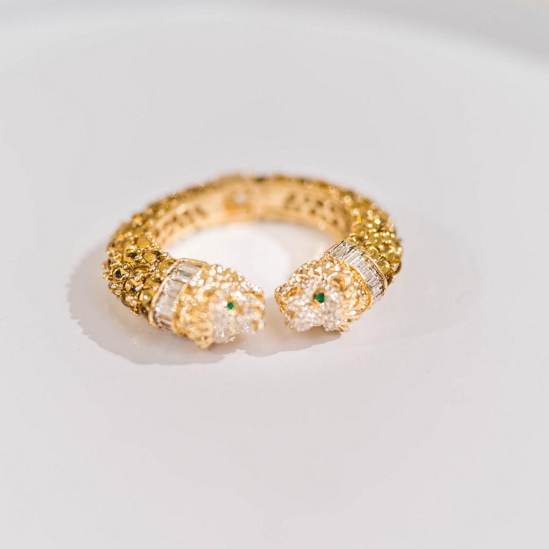 Two Headed Lion Crystal Embellished Cheetah Bangle in Gold