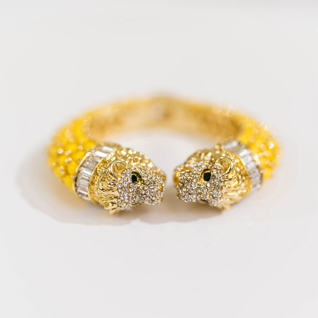Two Headed Lion Crystal Embellished Cheetah Bangle in Yellow and Gold