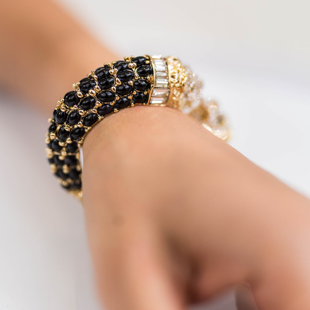 Two Headed Lion Crystal Embellished Cheetah Bangle in Black and Gold