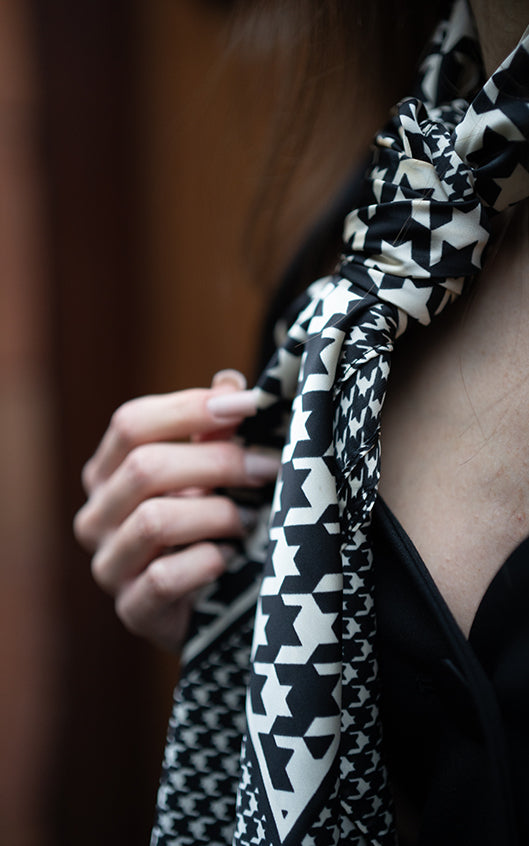 Silk Scarf in Black and White Houndstooth Print