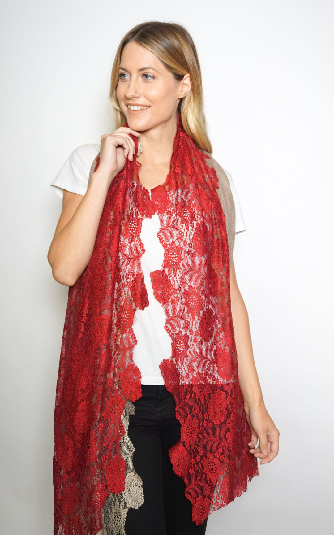 Burgundy and Beige Lace Scarf