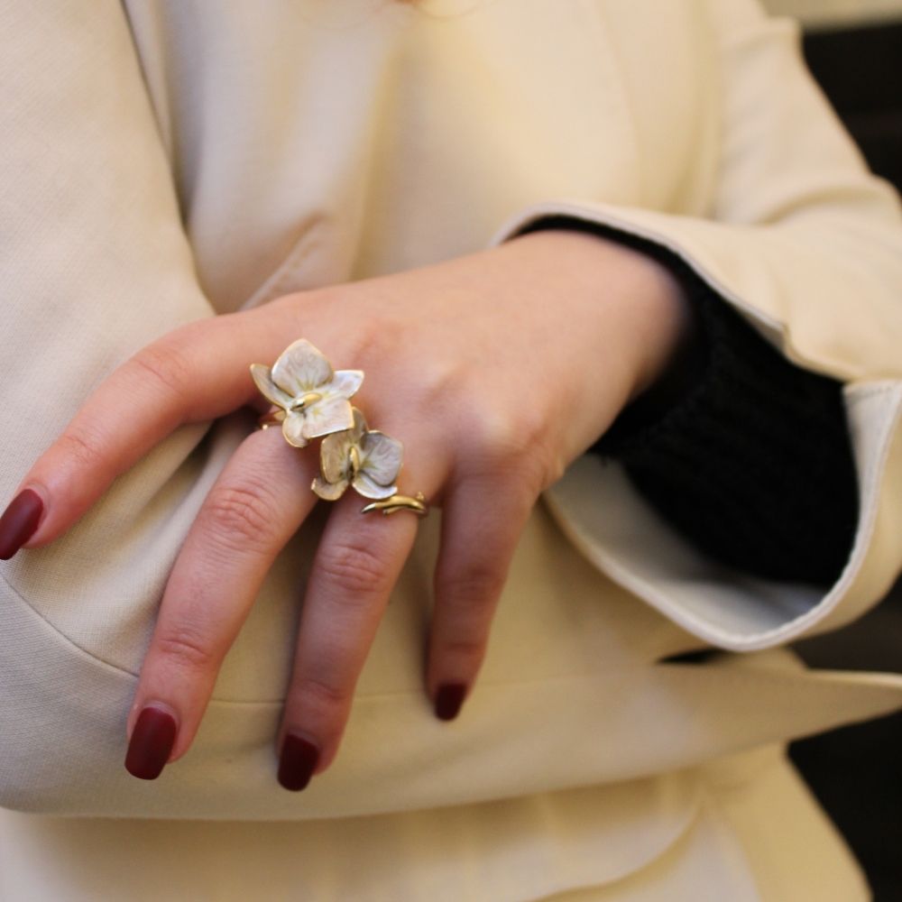 Unique Gold Double Ring In Cream And White Orchids
