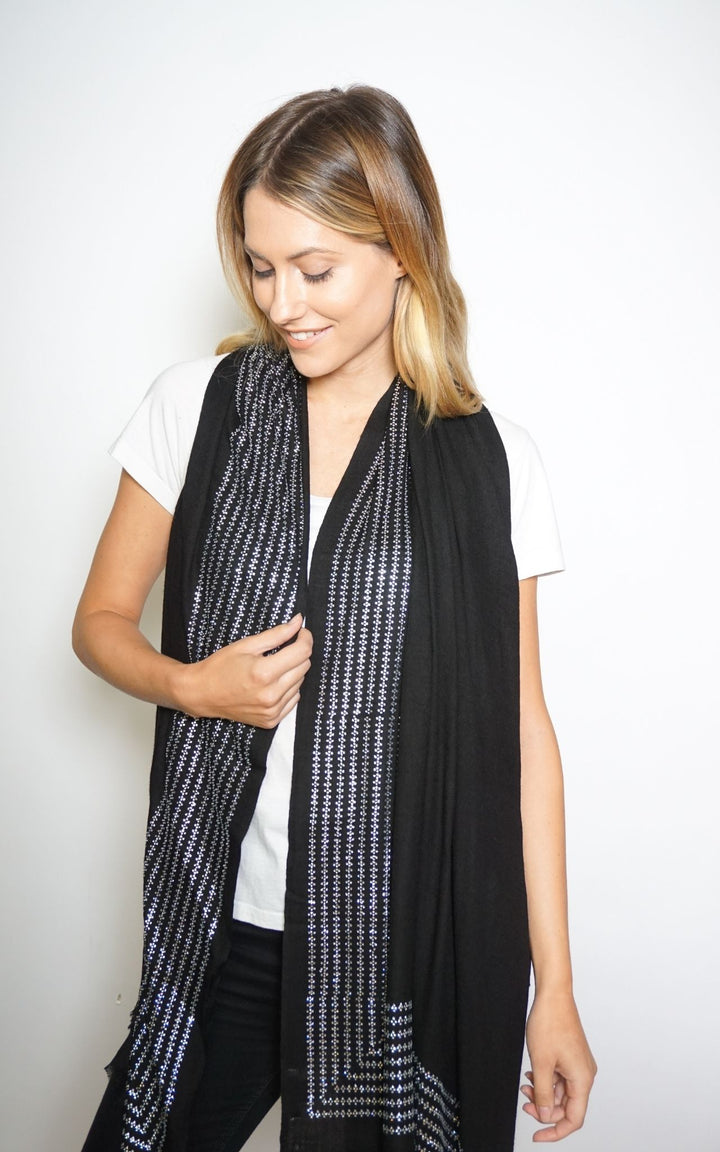 Black Cashmere Scarf with Silver Crystals