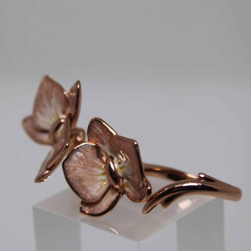 Unique Rose Gold Double Ring In Pink Orchids