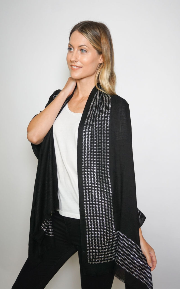 Black Cashmere Scarf with Silver Crystals