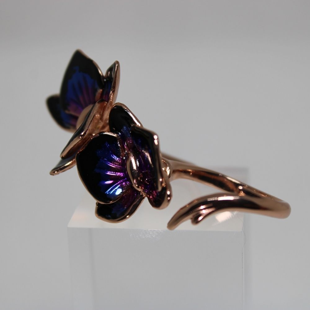 Unique Rose Gold Double Ring In Black And Purple Orchids