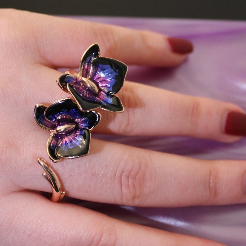 Unique Rose Gold Double Ring In Black And Purple Orchids