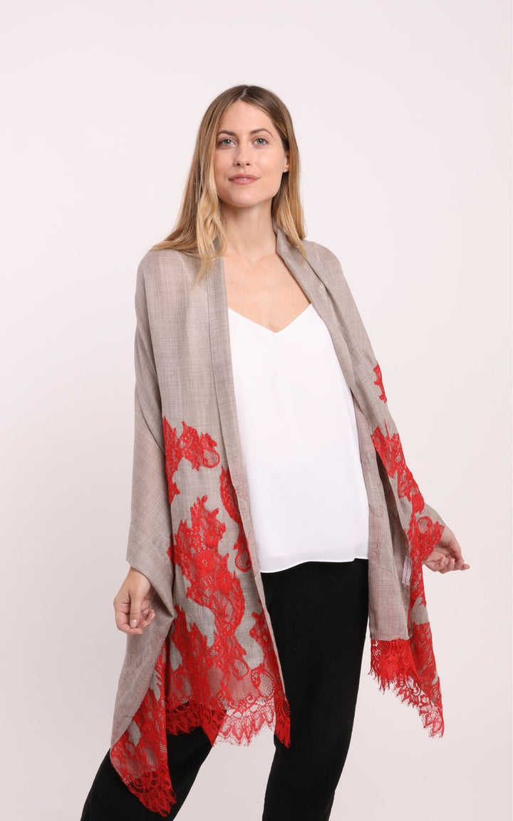 Beige Scarf with Red Lace