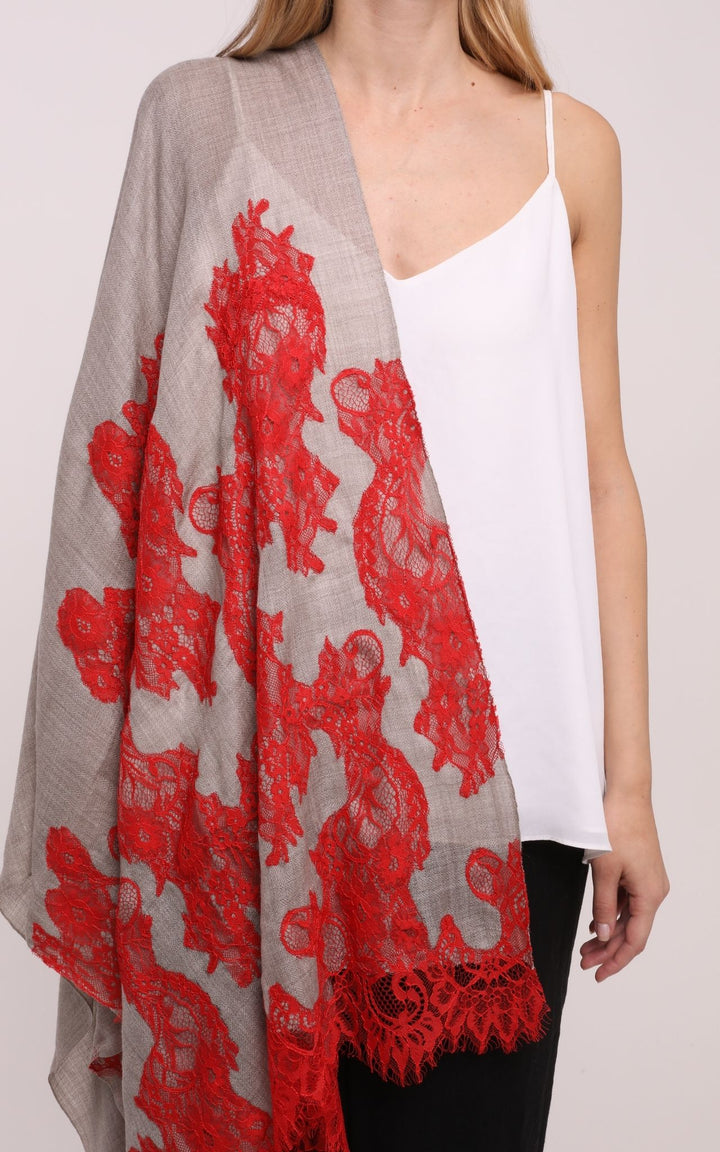 Beige Scarf with Red Lace