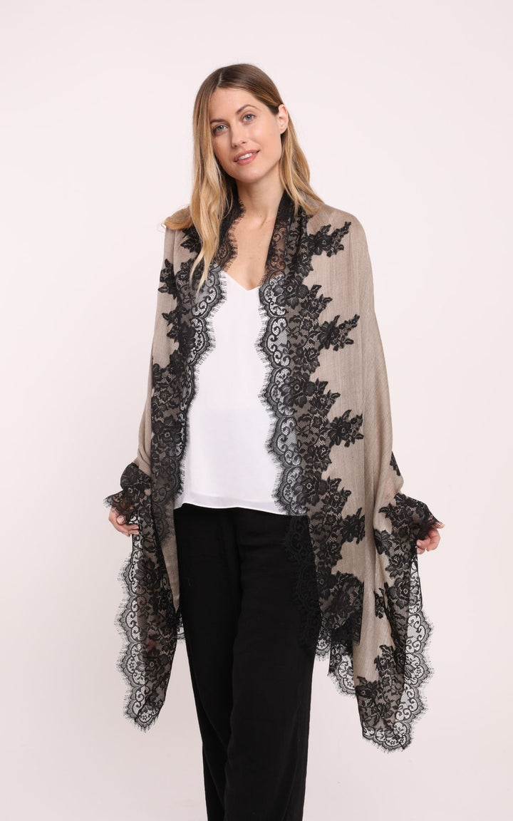 Beige Scarf with Black Lace