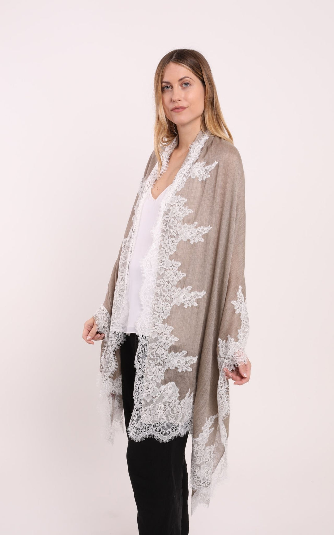 Beige Scarf with White Lace