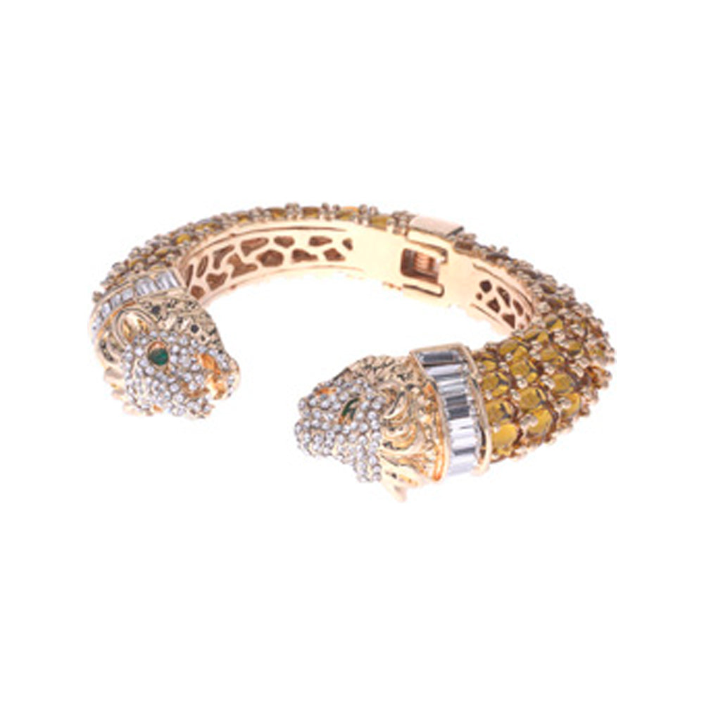 Two Headed Lion Crystal Embellished Cheetah Bangle in Gold
