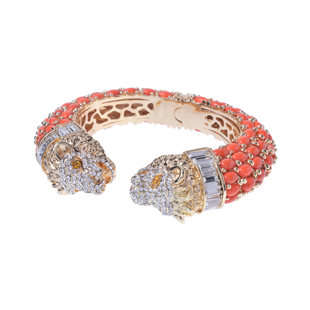 Two Headed Lion Crystal Embellished Cheetah Bangle in Orange and Gold