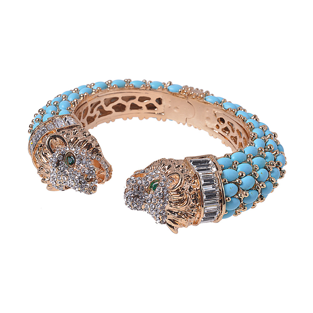 Two Headed Lion Crystal Embellished Cheetah Bangle in Turquoise and Gold