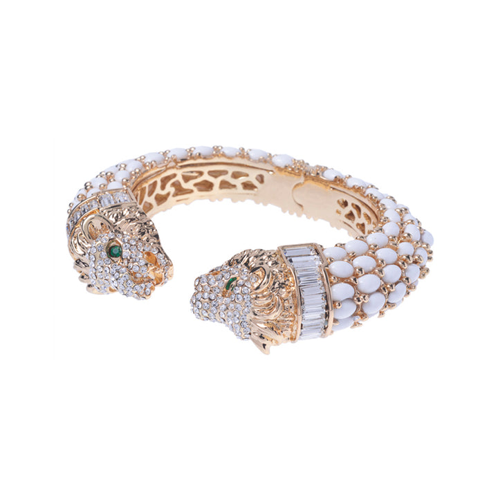 Two Headed Lion Crystal Embellished Cheetah Bangle in White and Gold