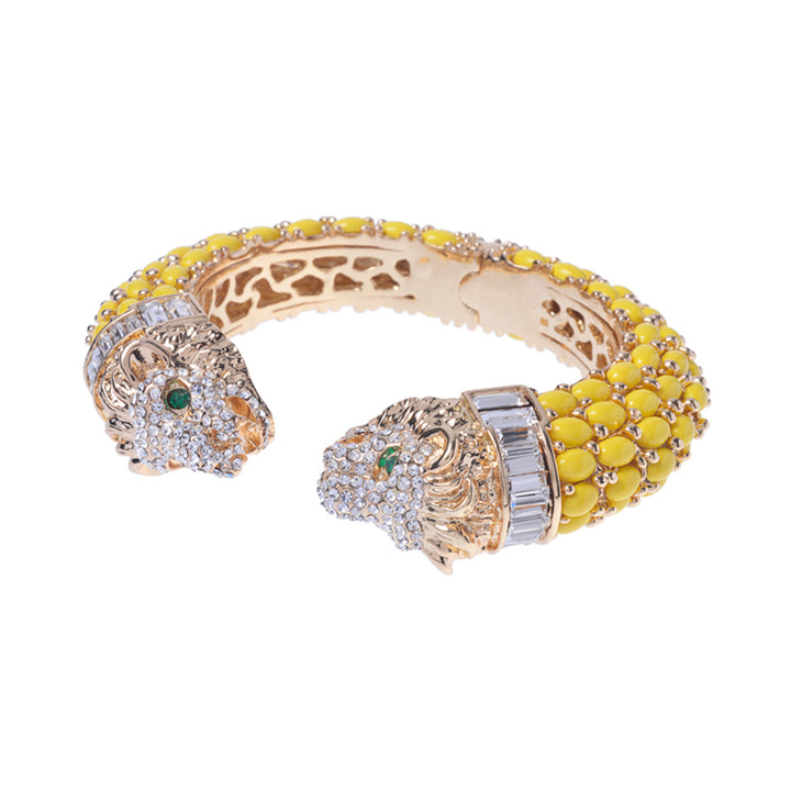 Two Headed Lion Crystal Embellished Cheetah Bangle in Yellow and Gold