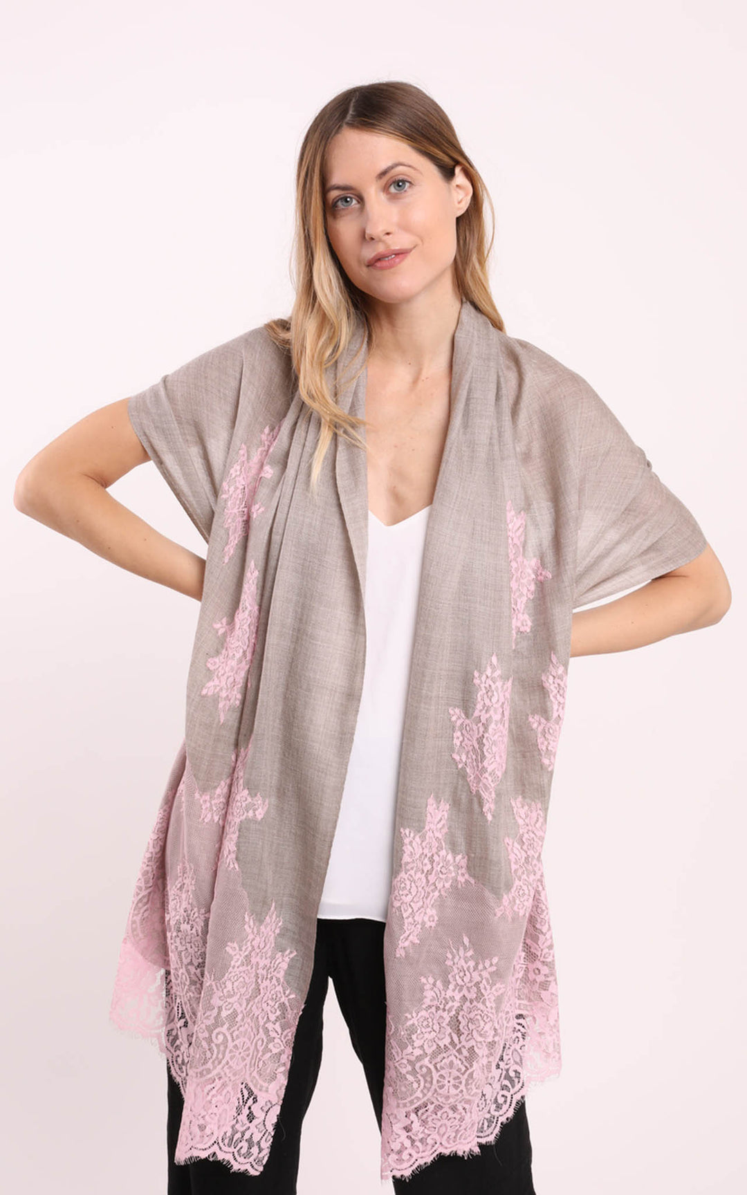 Beige Scarf with Pink Lace