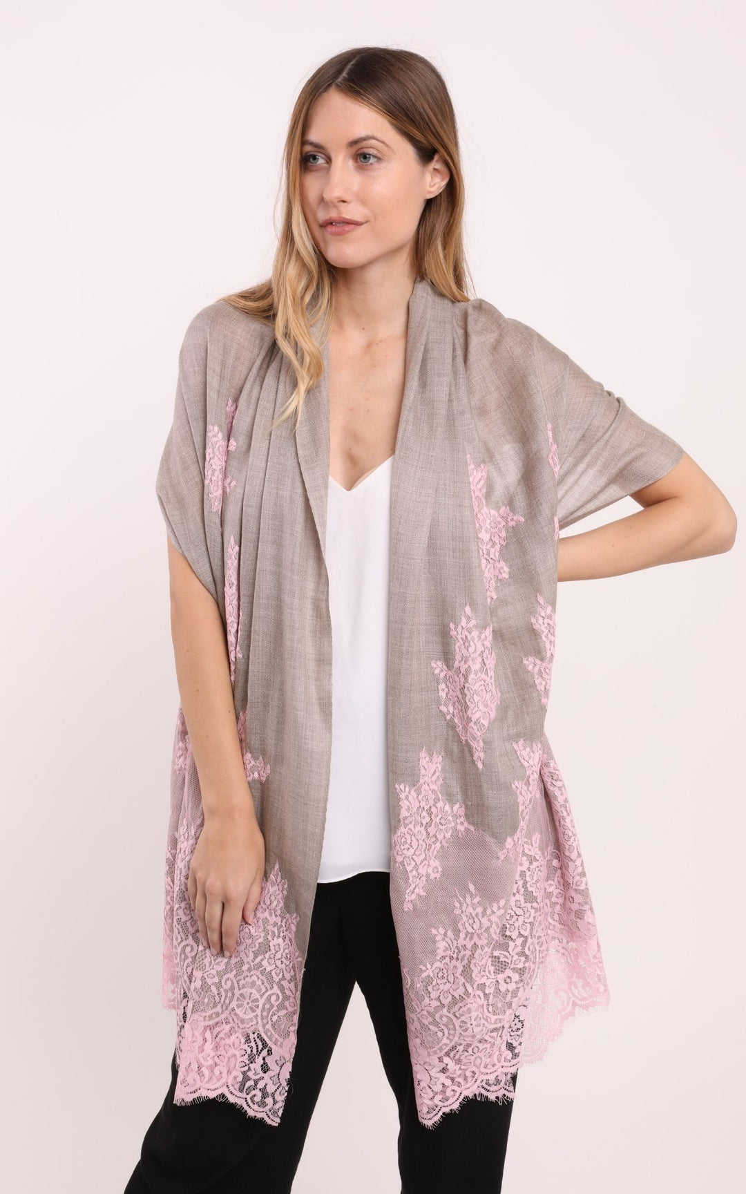 Beige Scarf with Pink Lace