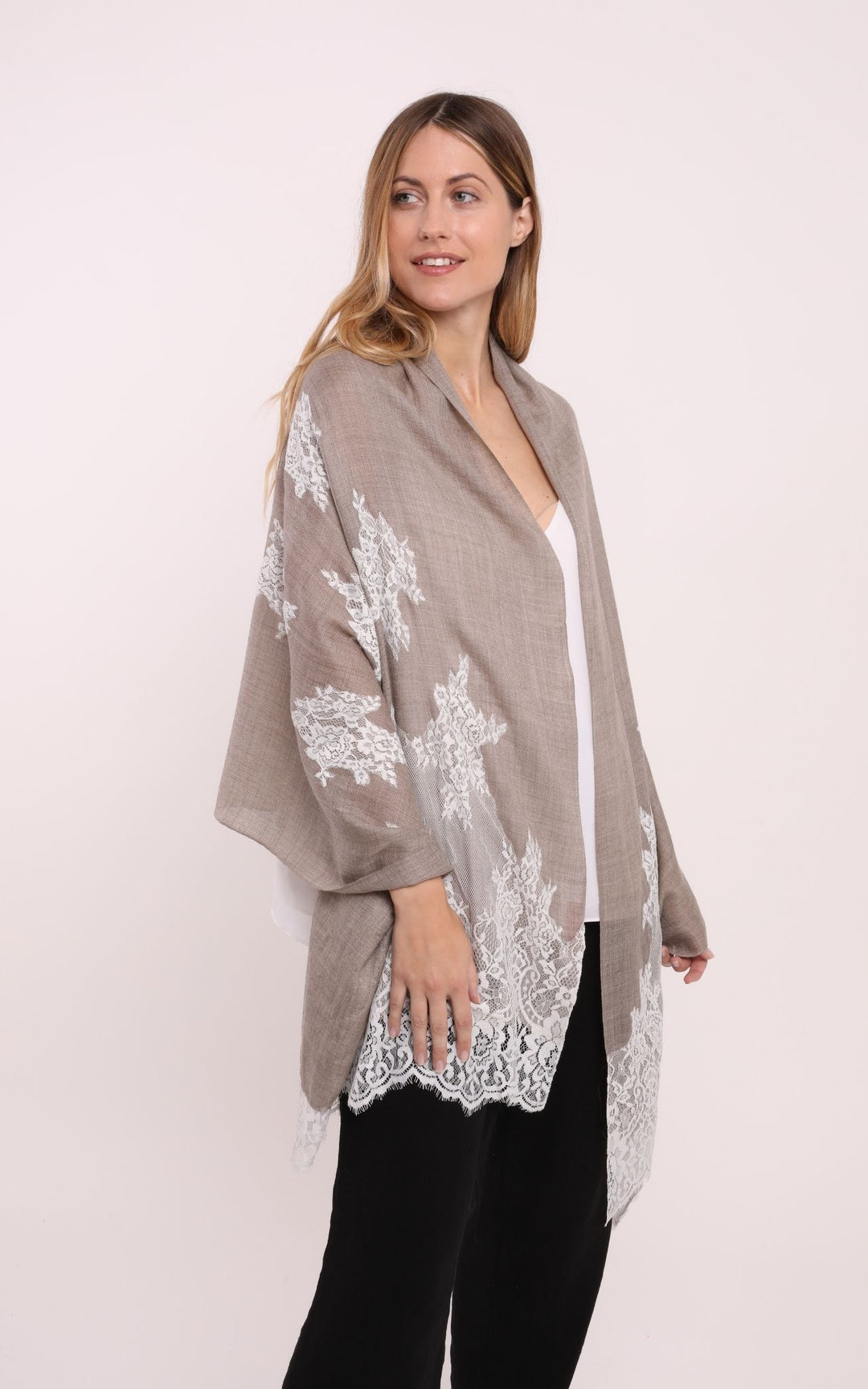 Beige Scarf with White Lace