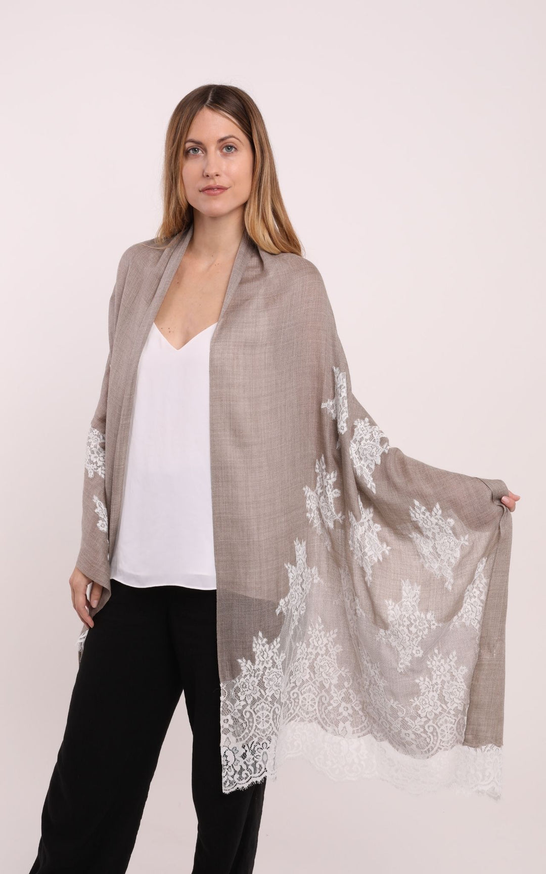Beige Scarf with White Lace