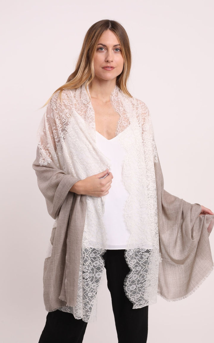 Beige Scarf with Ivory Gold Lace
