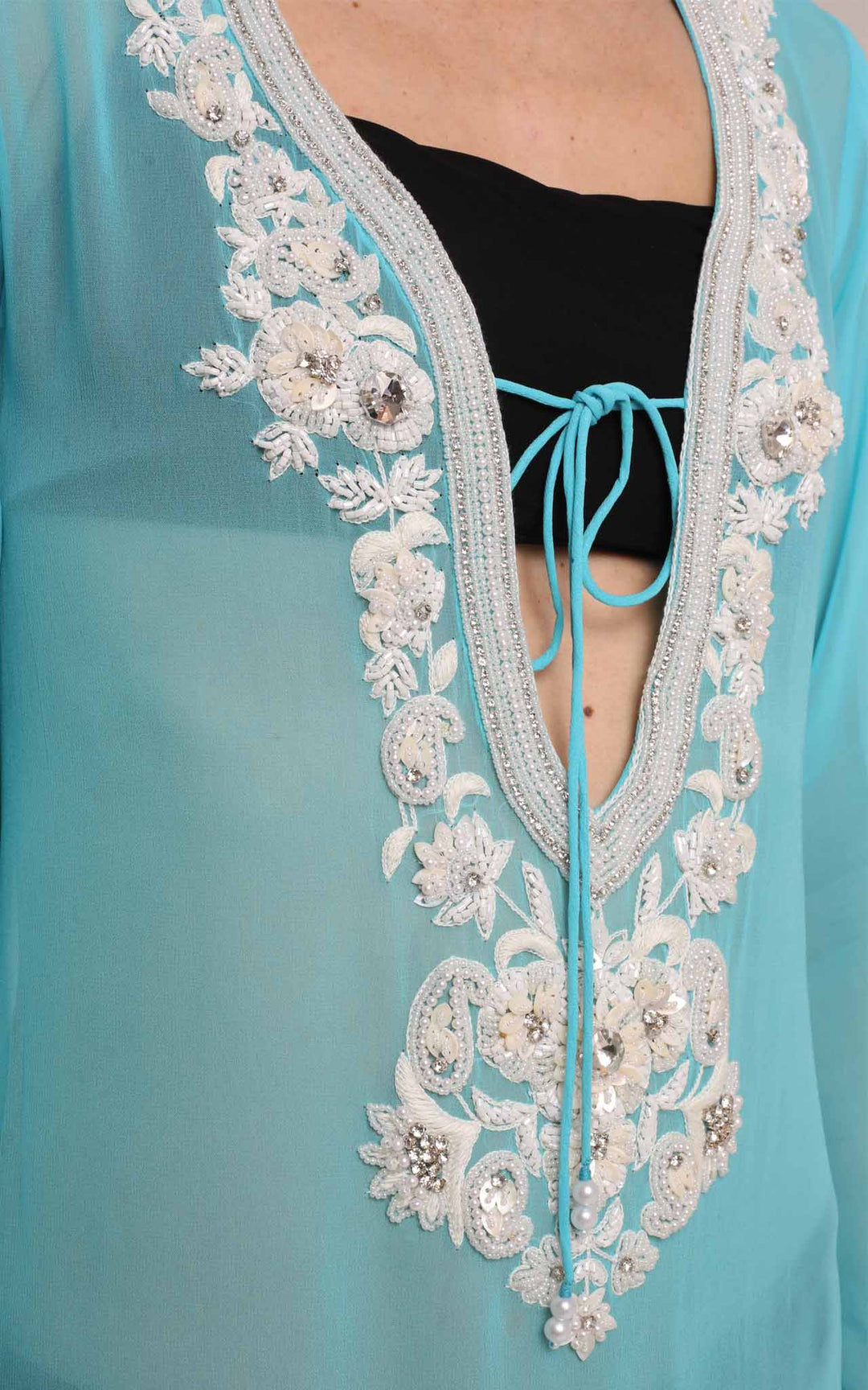 Mint Kaftan with White Embroidery