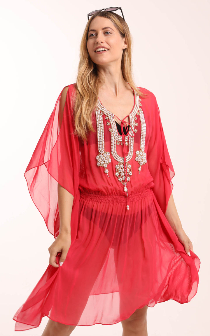 Light Red Kaftan with Beaded Detailing