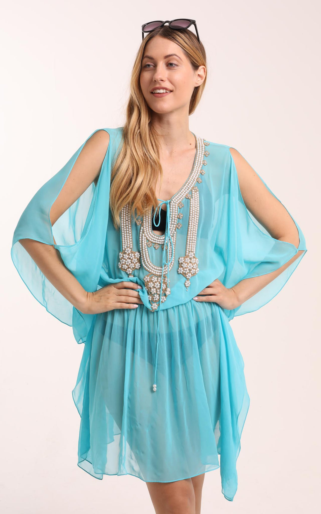 Turquoise Kaftan with Beaded Detailing