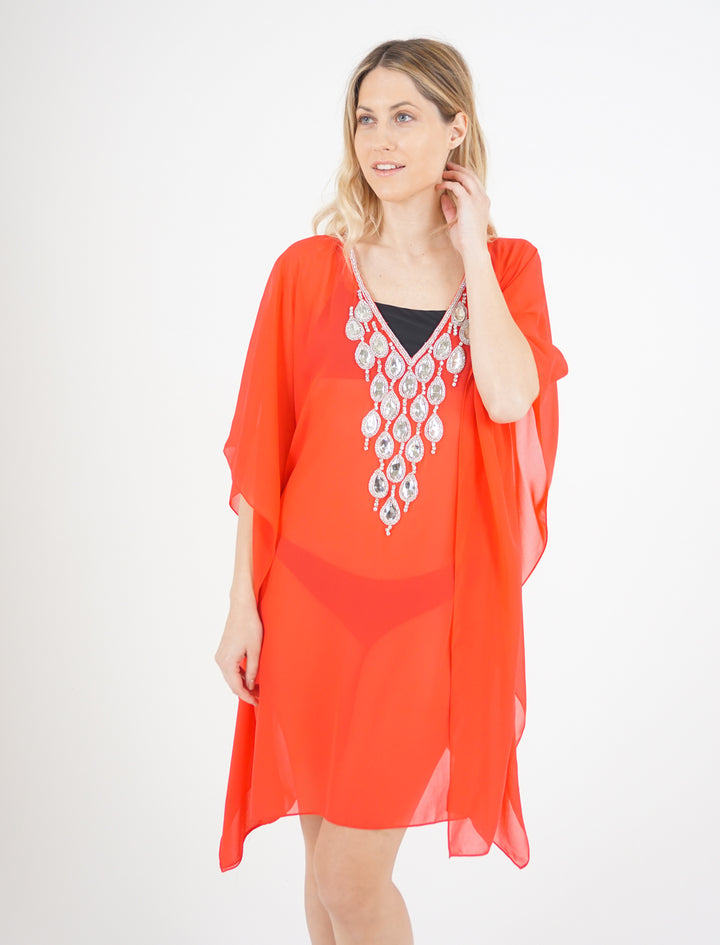 Red Mesh Kaftan With Teardrop Crystal Detailing