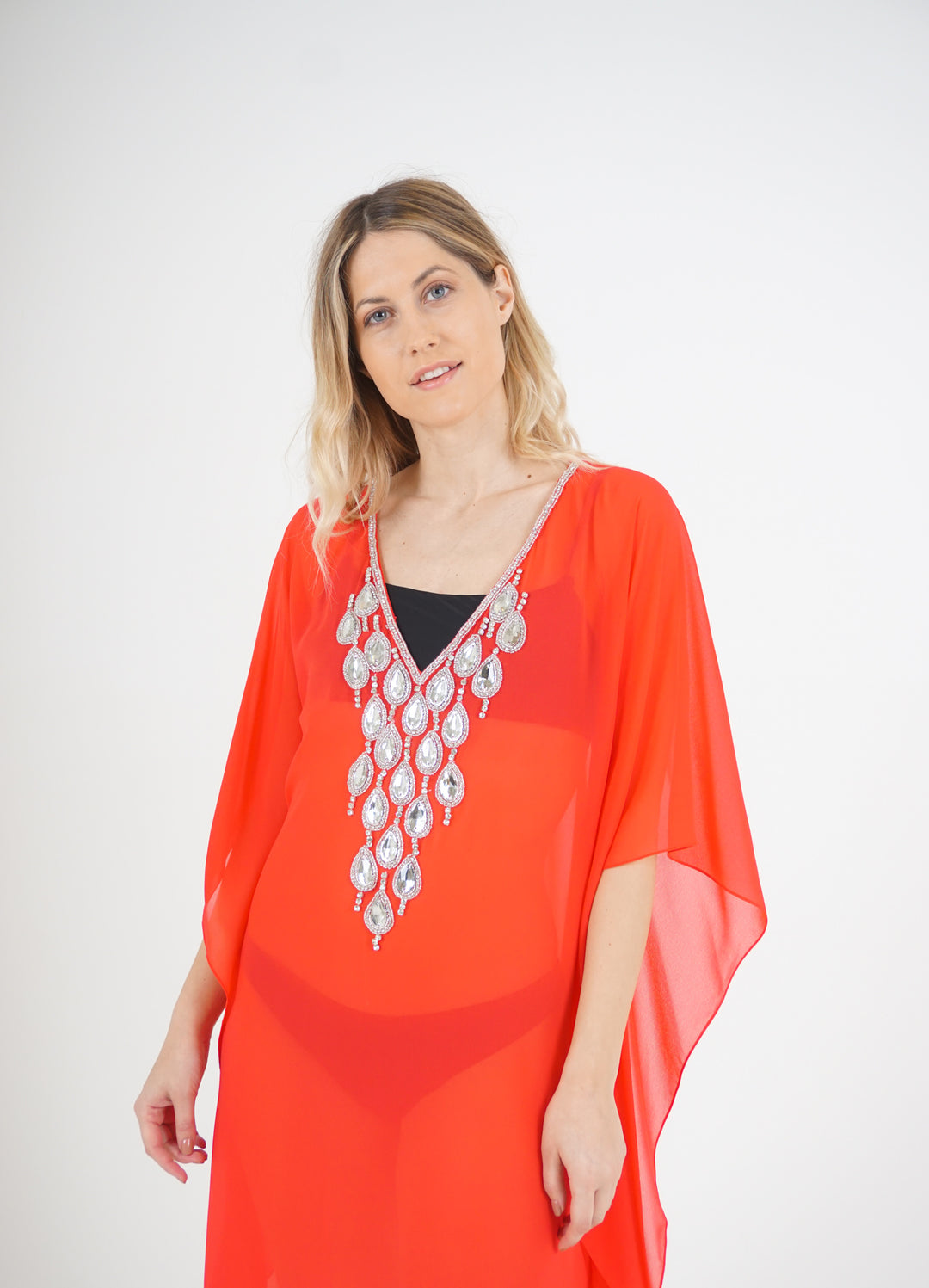 Red Mesh Kaftan With Teardrop Crystal Detailing