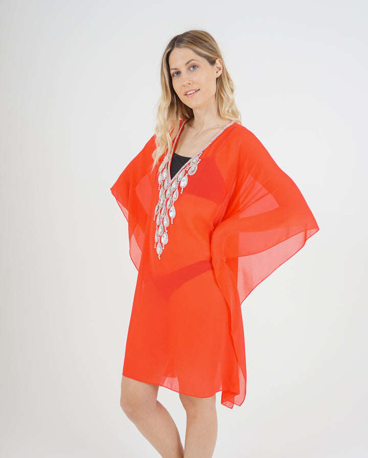 Red Mesh Kaftan With Teardrop Crystal Detailing