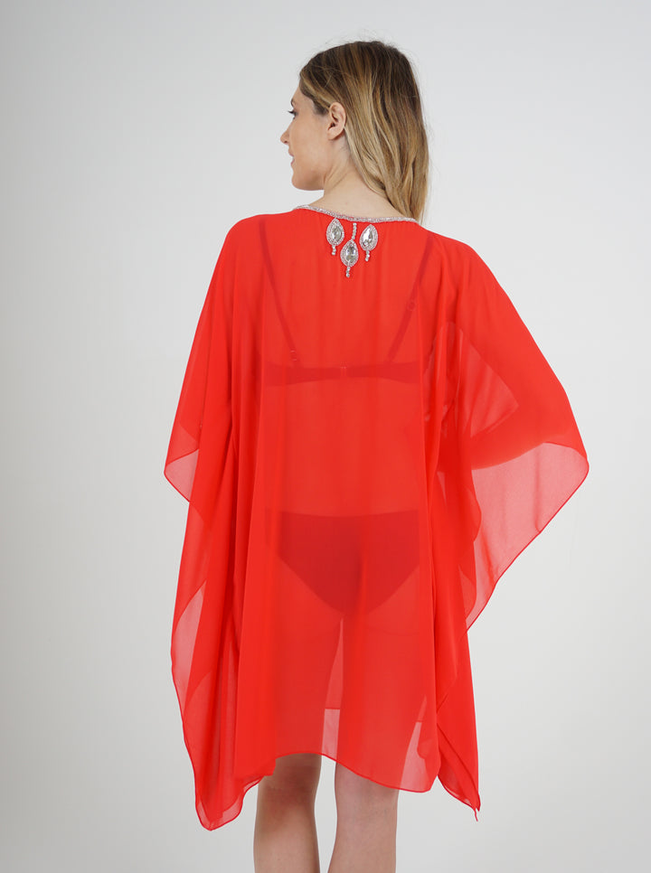 Red Mesh Kaftan With Teardrop Crystal Detailing