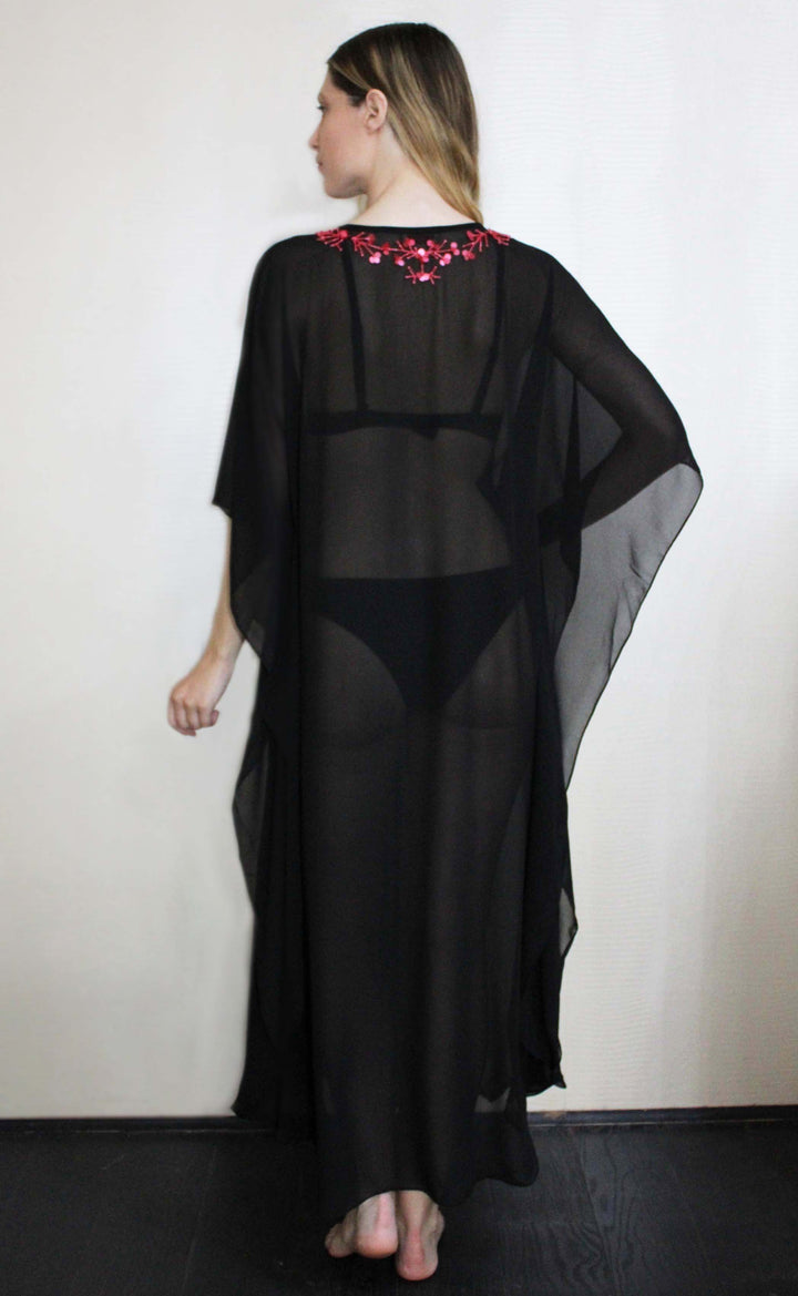 Long Black Kaftan With Pink Embroidered Detailing