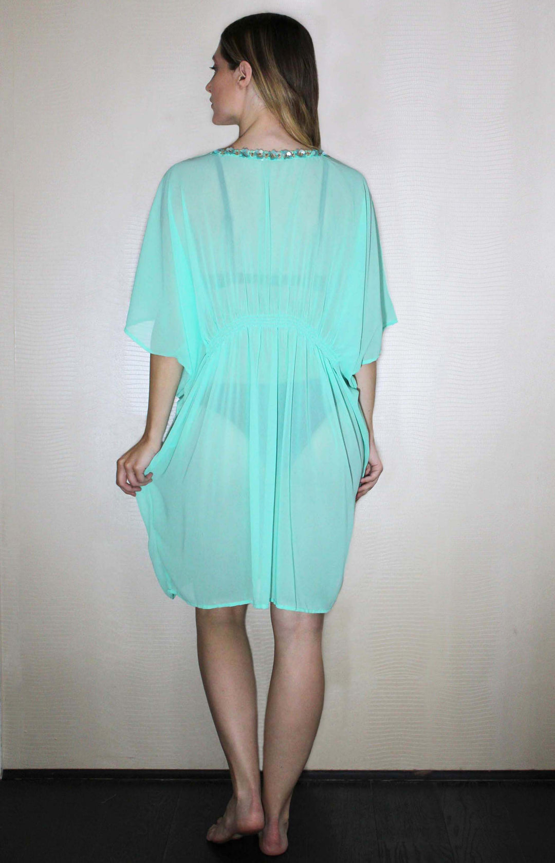 Short Mint Kaftan With Embroidered Detailing