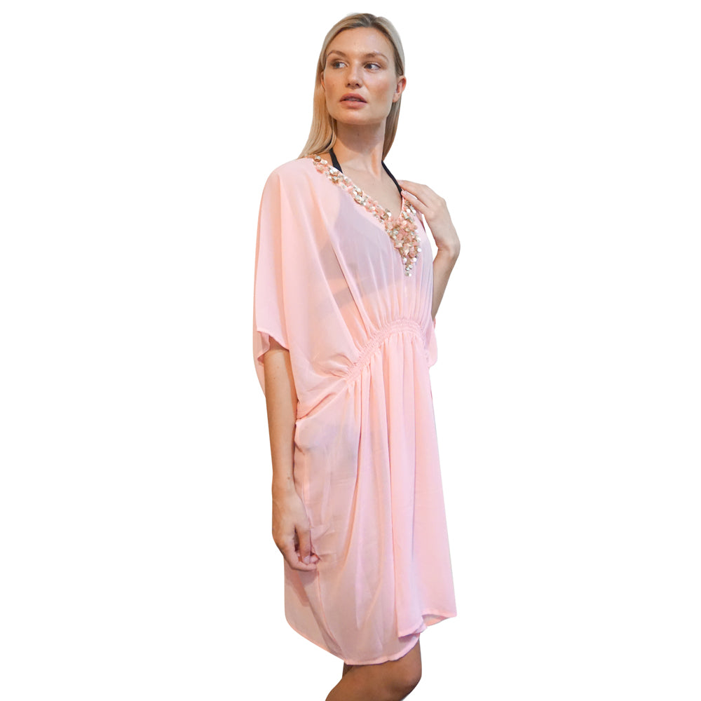 Short Pink Kaftan With Embroidered Detailing