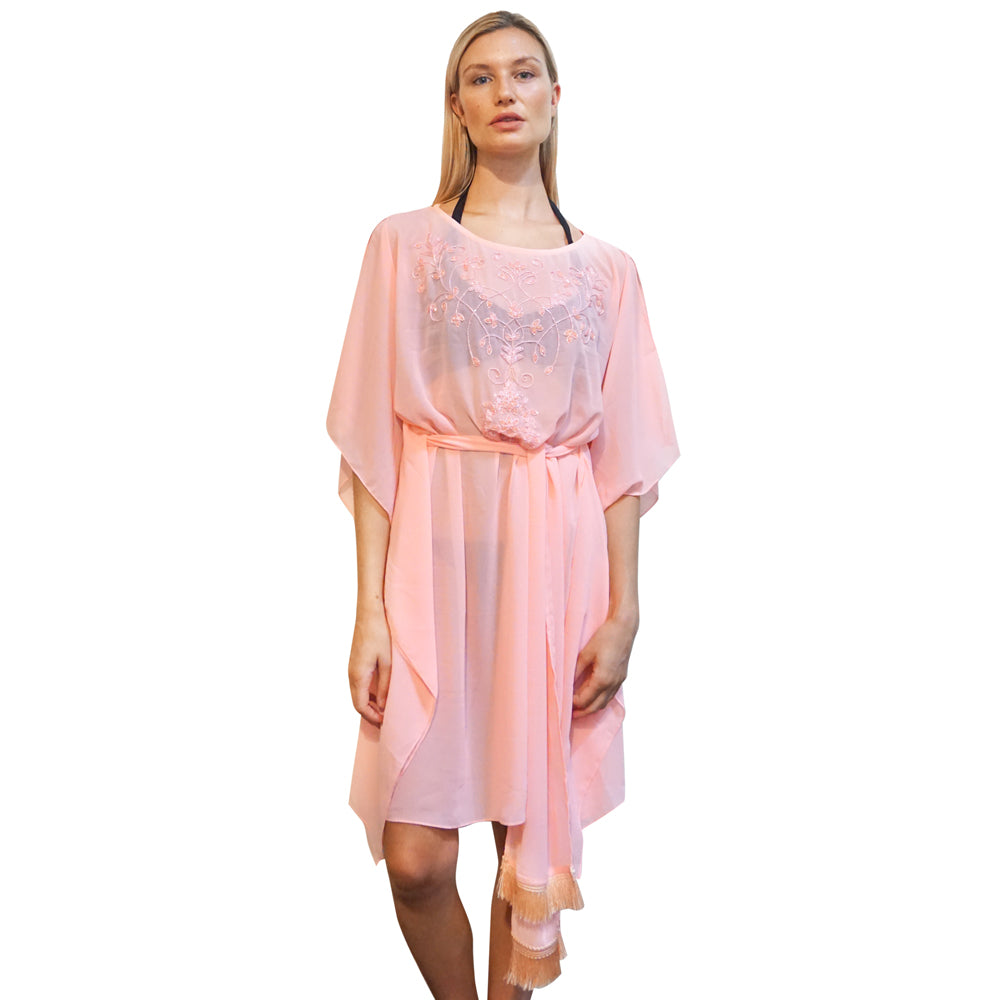 Short Pink Kaftan with Beaded Embroidery