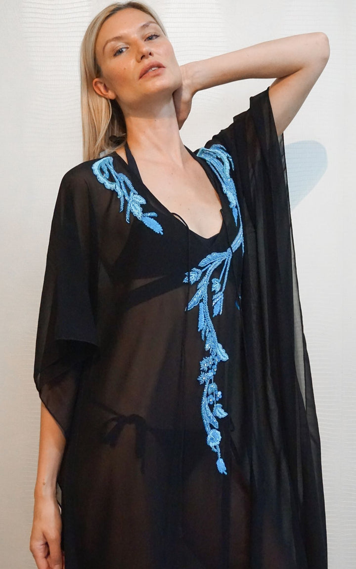 Black Mesh Kaftan with Blue Embroidery