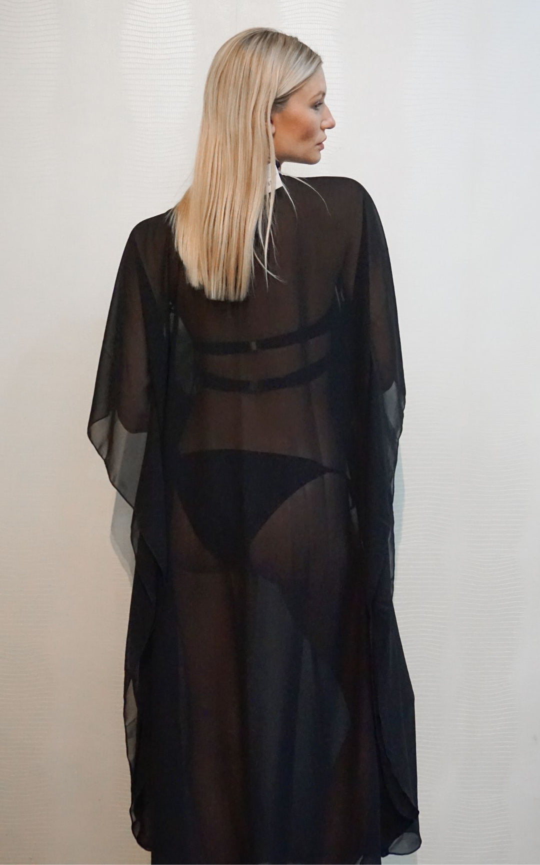 Black Mesh Kaftan with Blue Embroidery