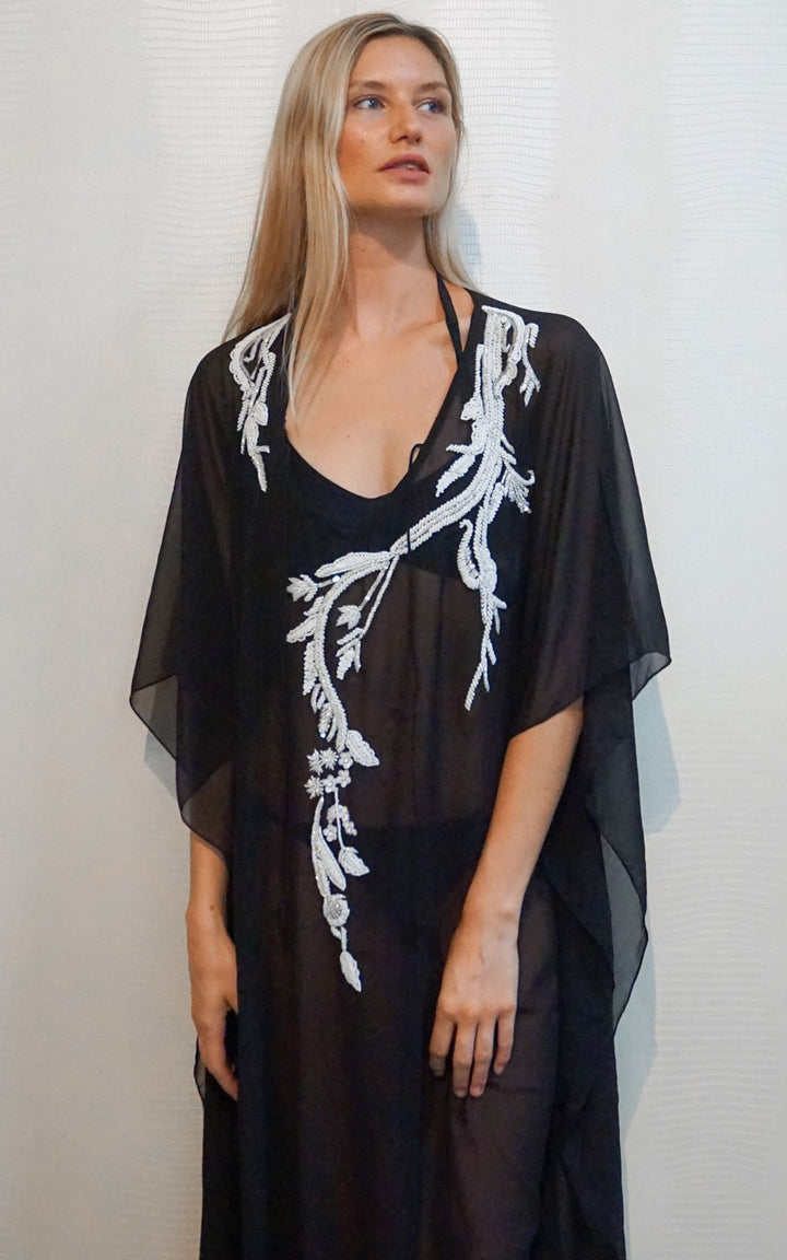 Black Mesh Kaftan with White Embroidery