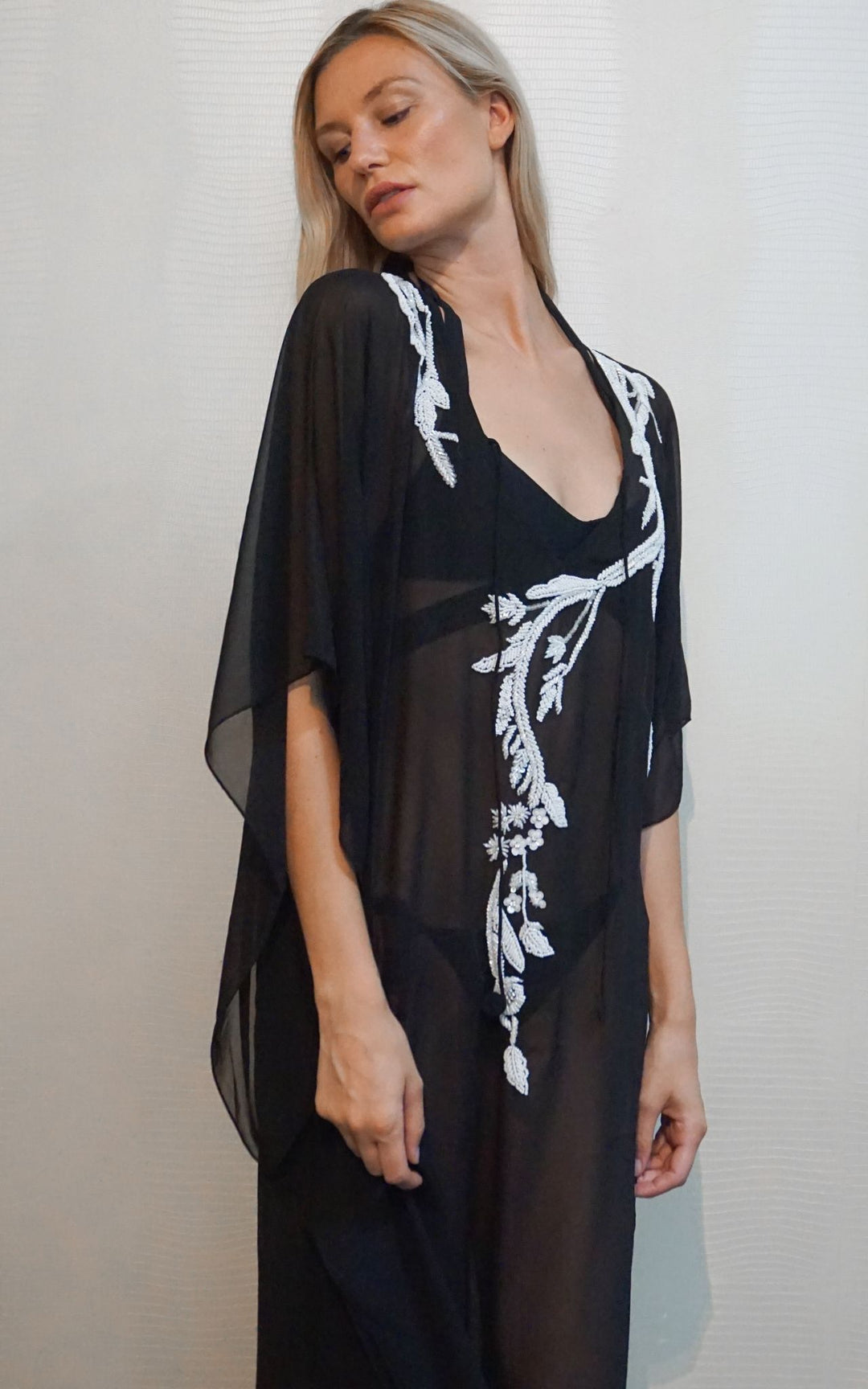 Black Mesh Kaftan with White Embroidery