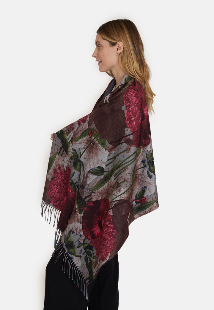 Green and Fuchsia Floral Print Design Super Soft Wool Fringed Scarf