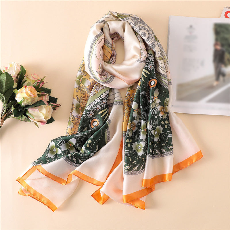 Cream Green Floral Silk Scarf Orange Border