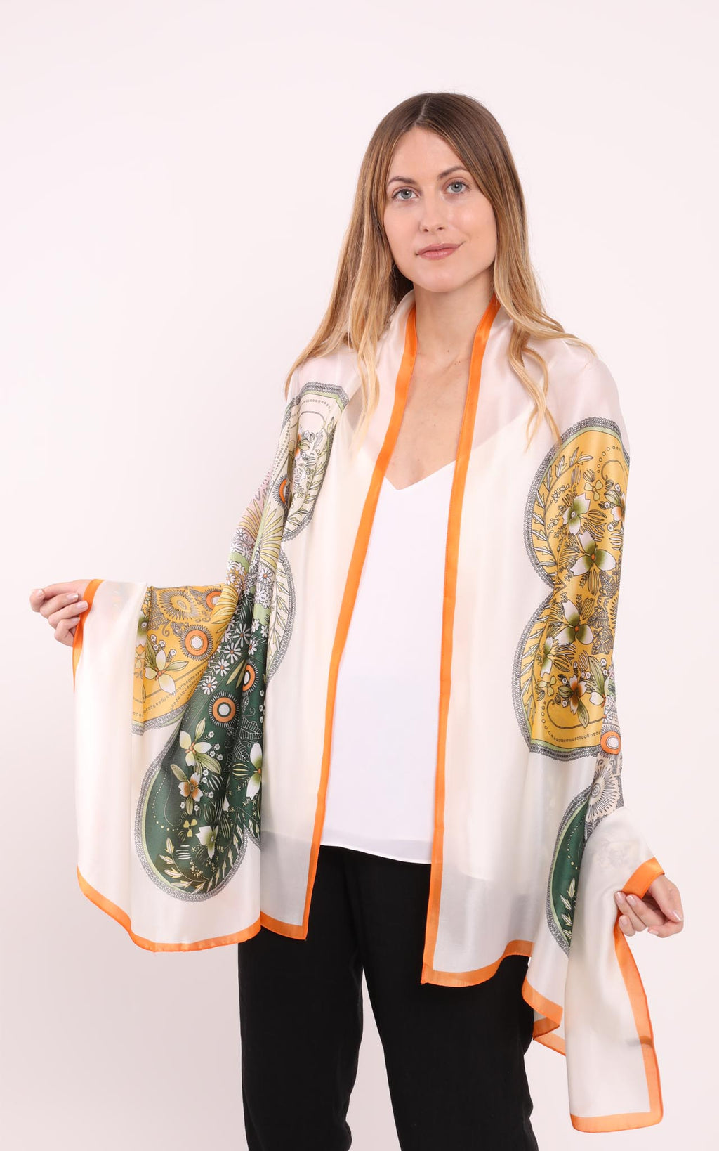 Cream Green Floral Silk Scarf Orange Border