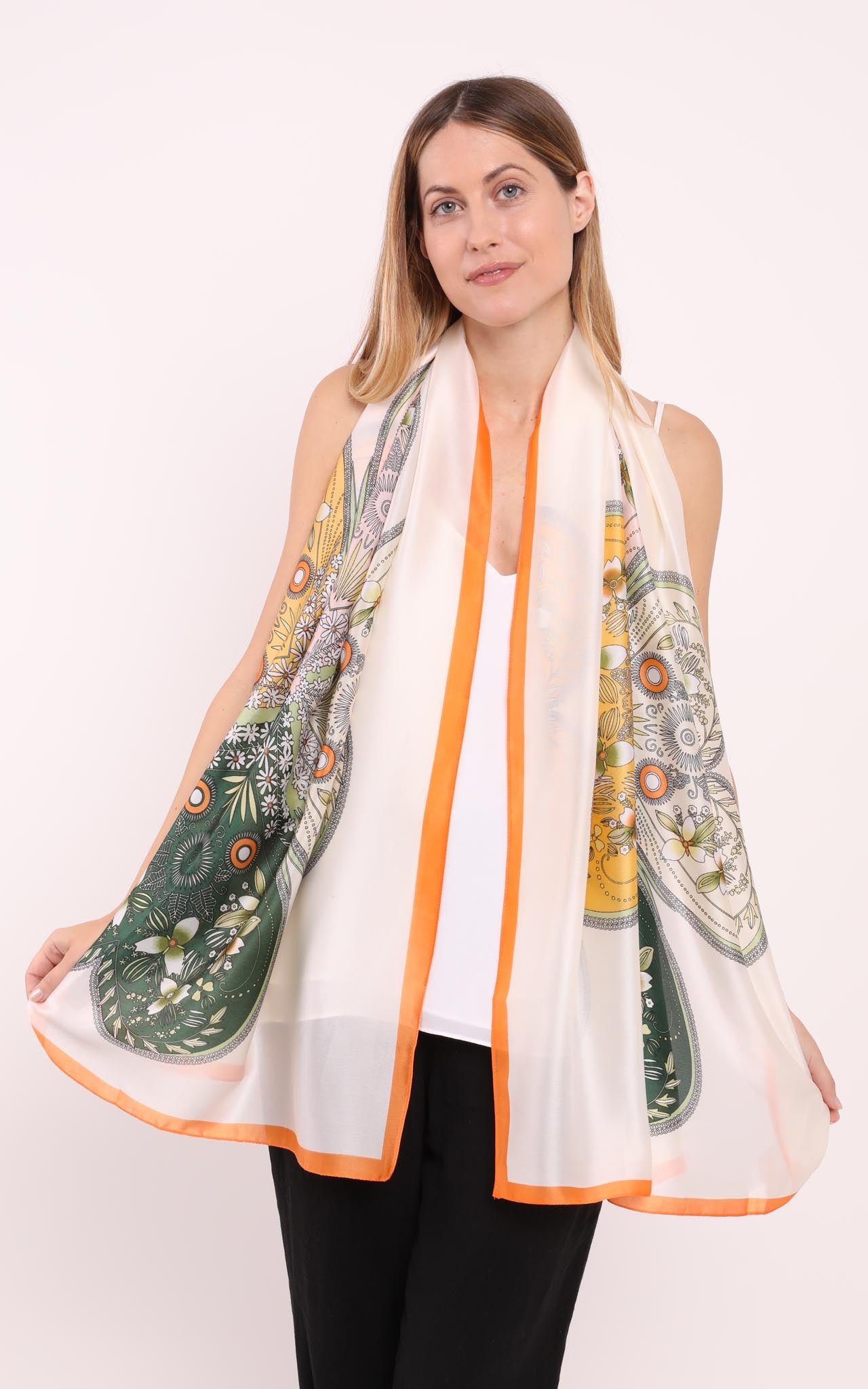 Cream Green Floral Silk Scarf Orange Border