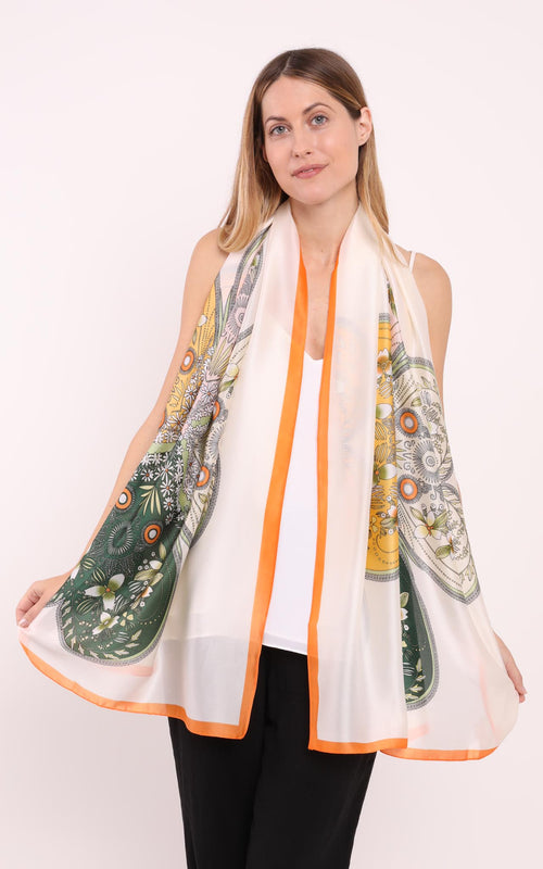Cream Green Floral Silk Scarf Orange Border