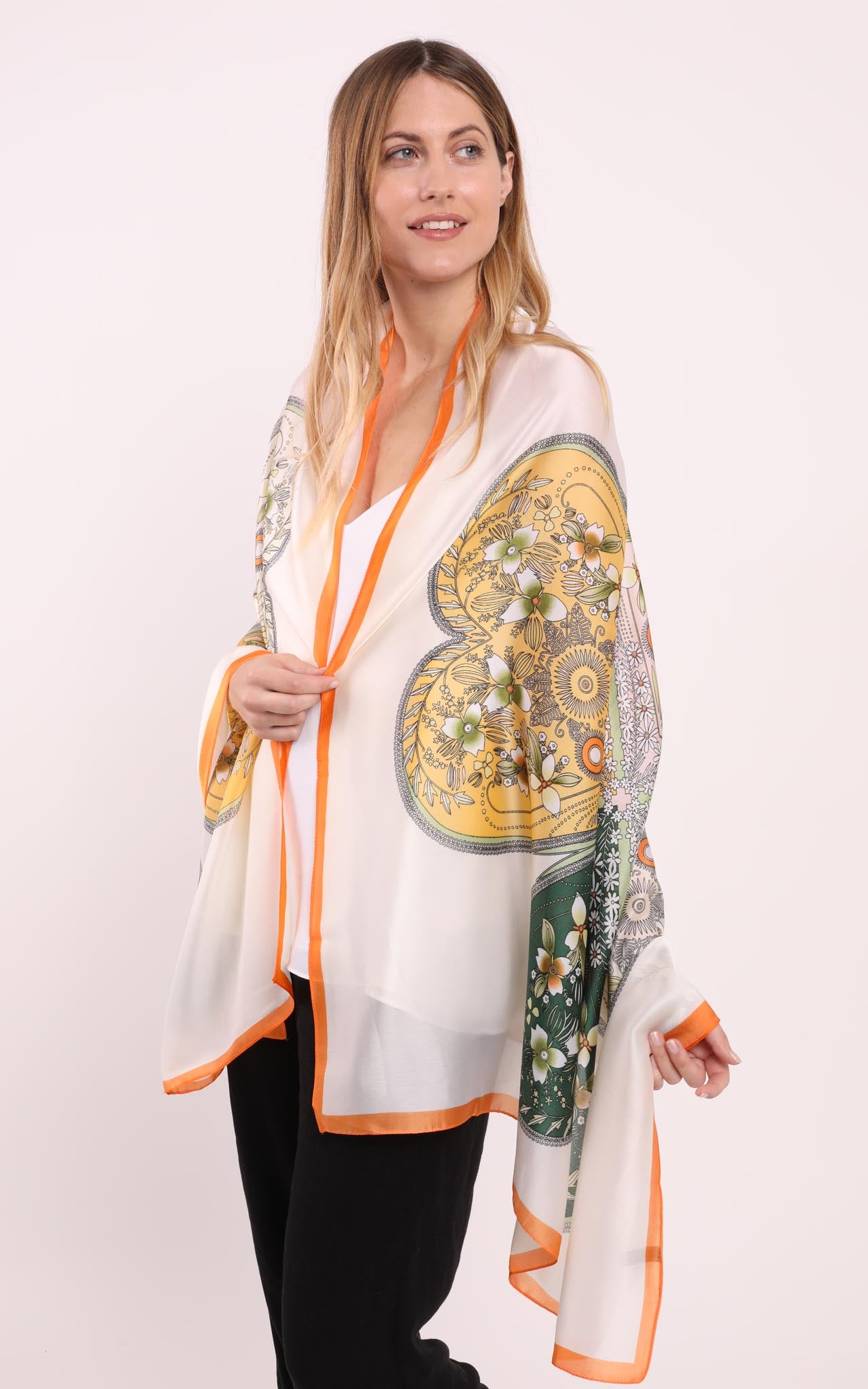 Cream Green Floral Silk Scarf Orange Border