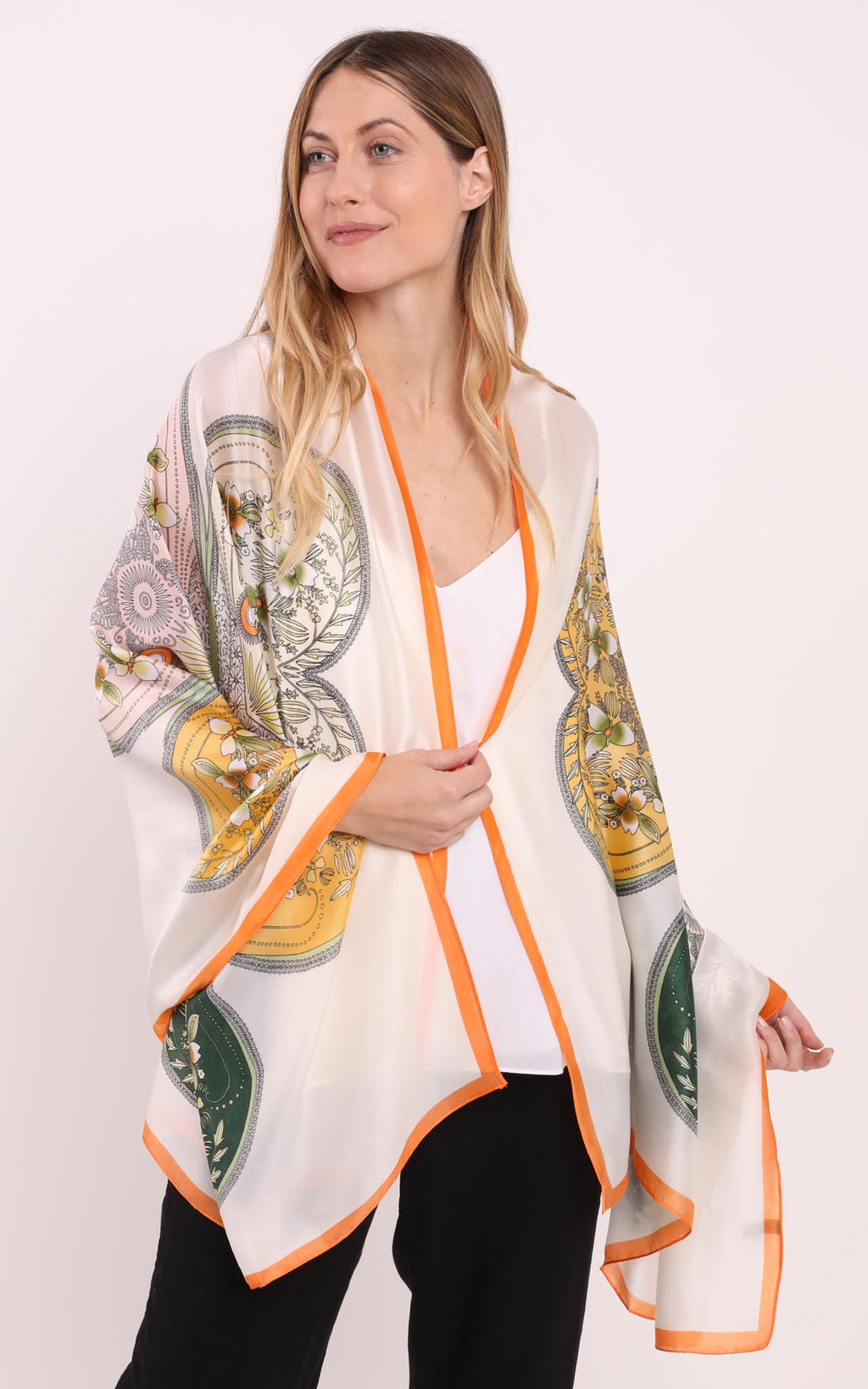 Cream Green Floral Silk Scarf Orange Border