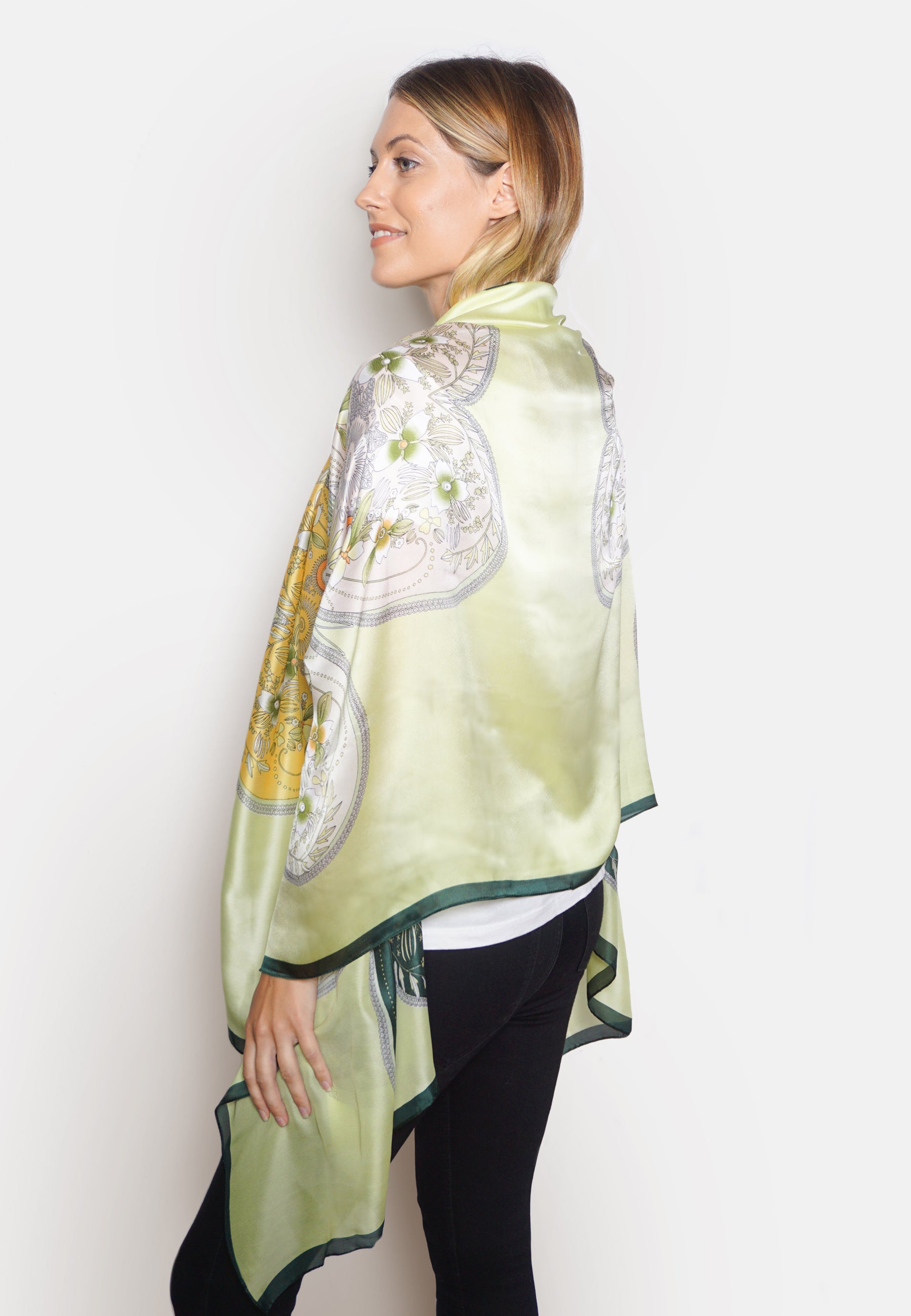 Green Floral Silk Scarf