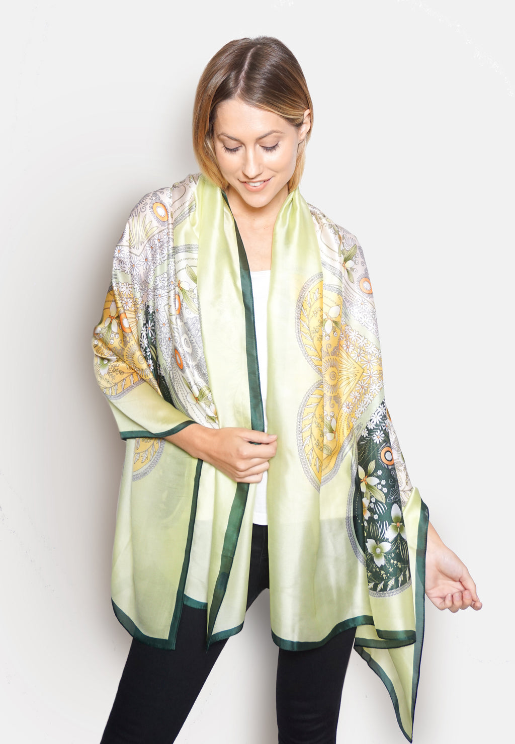 Green Floral Silk Scarf