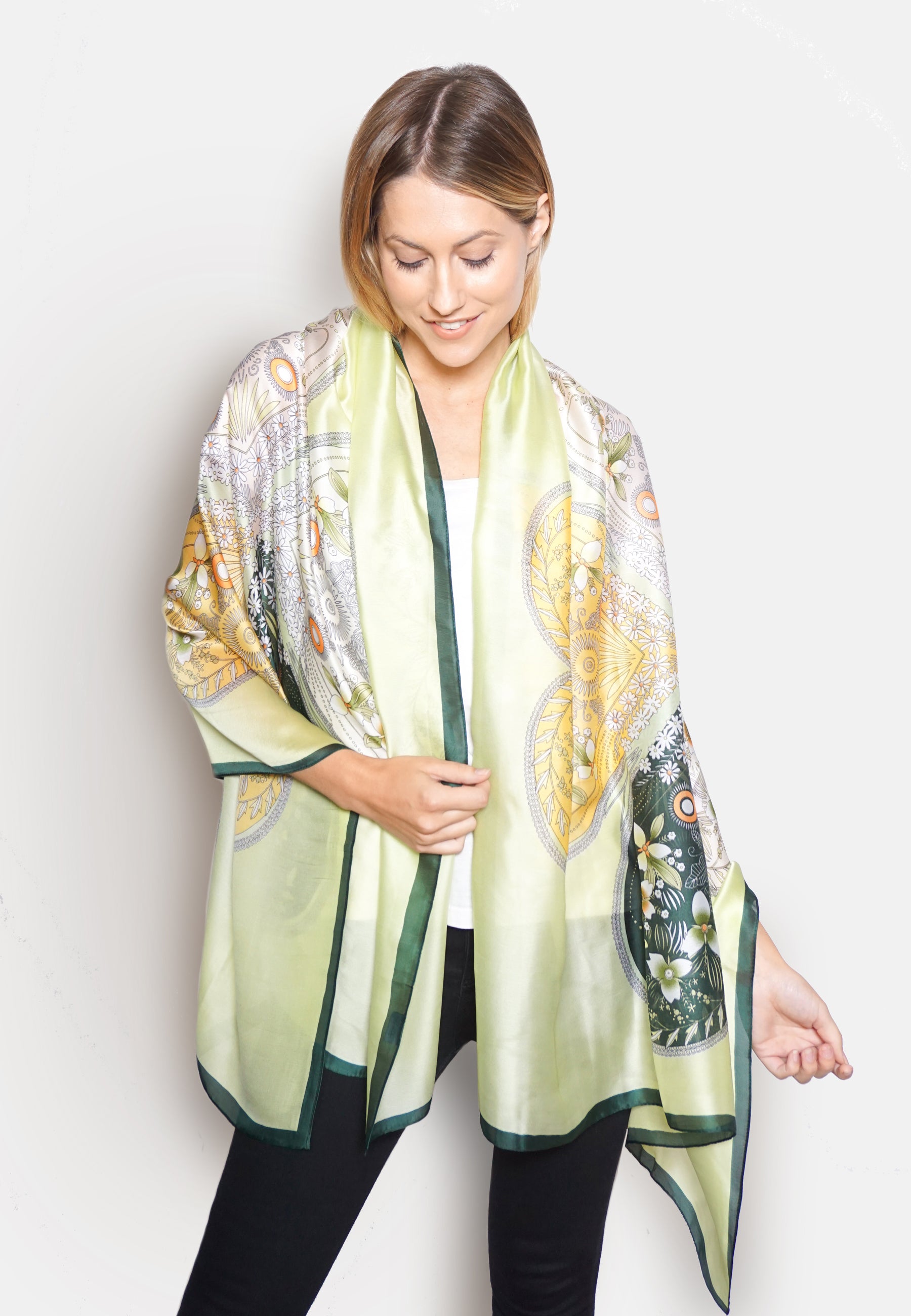 Green Floral Silk Scarf